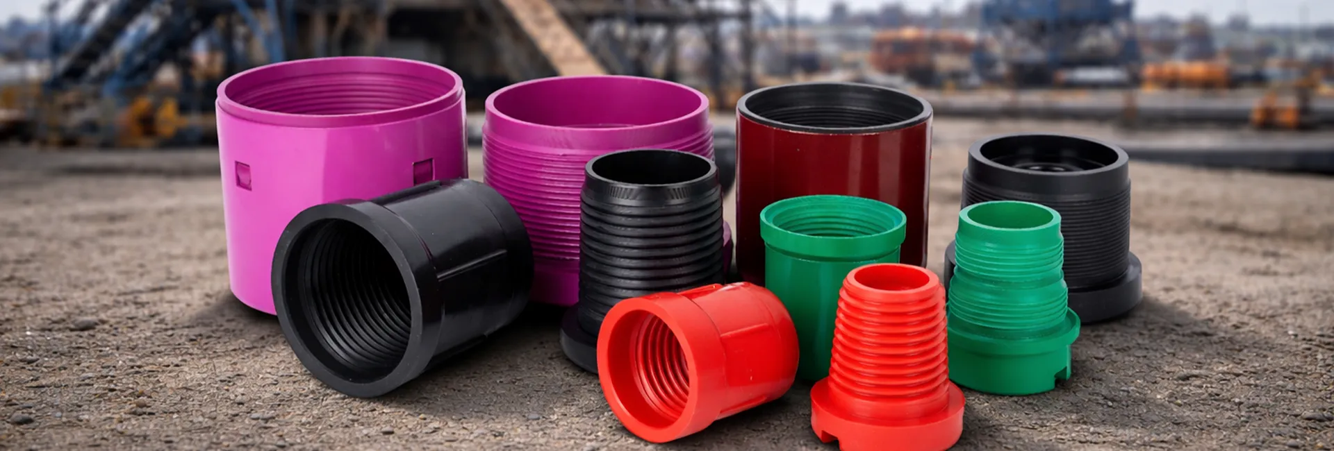 Several pieces of cementing casing centralizers are coated with powder coating