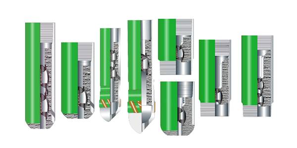 Several designs of cementing float shoes and collars on white background.