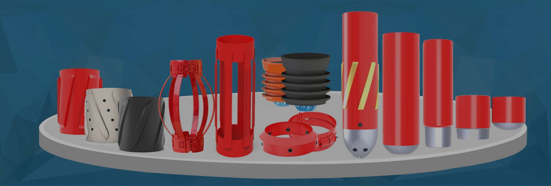 Several types of centralizers, stop collars, float equipment and cementing plugs.
