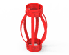 A piece of red color hinged welded bow spring centralizer on white background.