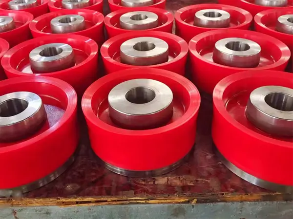 Neatly arranged red polyurethane bonded pistons