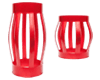 Two pieces of red single piece integral bow spring centralizer on white background.