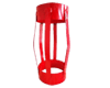 A red slip-on welded bow spring centralizer on white background.