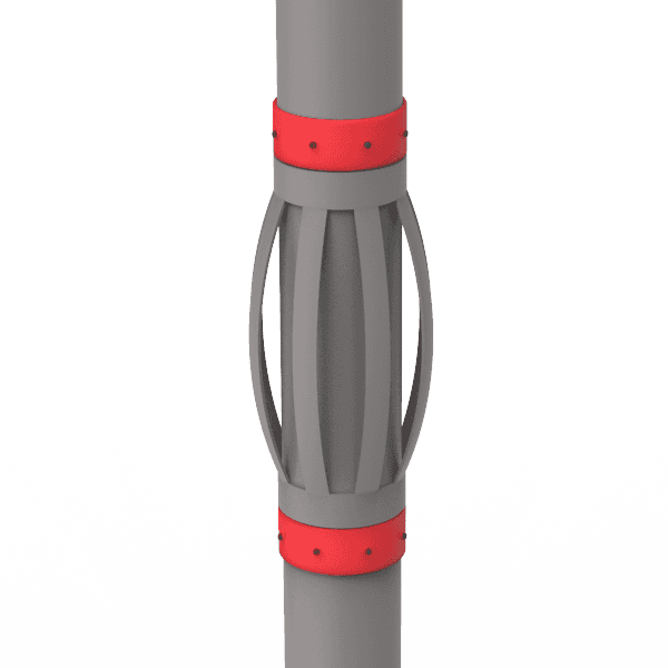 Two red stop collars are installed on the casing pipe for fastening the centralizers.